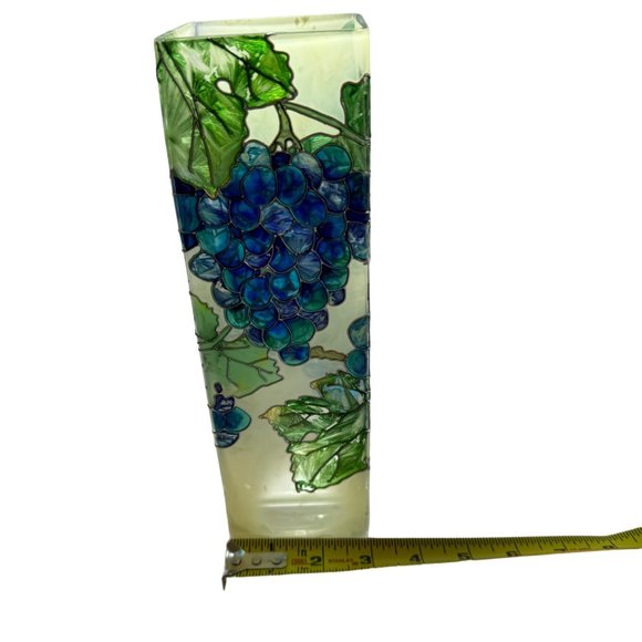 Hand Painted Grapes Vines Leaves Stained Glass Vase Joan Baker Designs 10" Tall - Picture 7 of 15